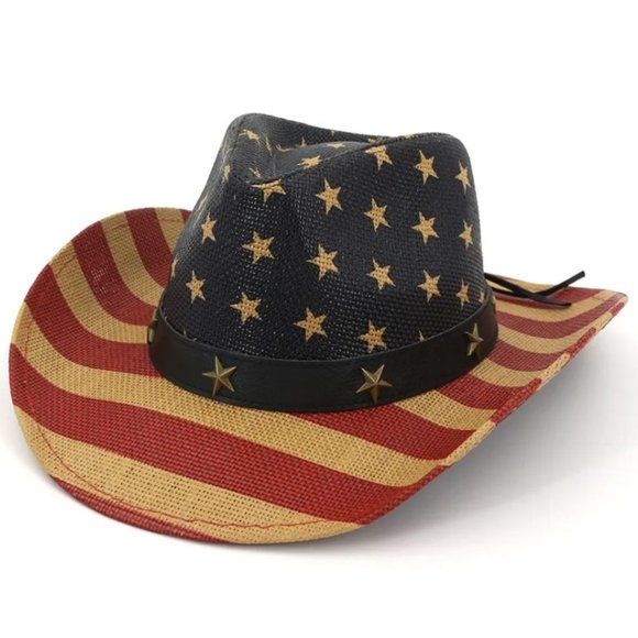 Men's American Flag Cowboy Hat, Striped Western Tea-Stained‎ USA Shape-It Brim - Picture 1 of 6